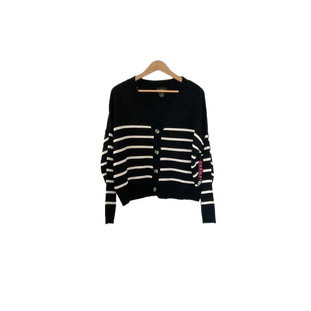 7‎ Runway Button Down Stripe Oversized Sweater Size Medium Black Cream